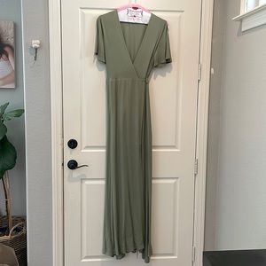 Lulus Much Obliged Washed Olive Green Wrap Maxi Dress, size M